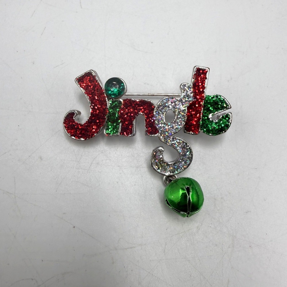 Christmas Jingle Brooch Pin Glitter Red Green Silver with Dangle Bell Holiday